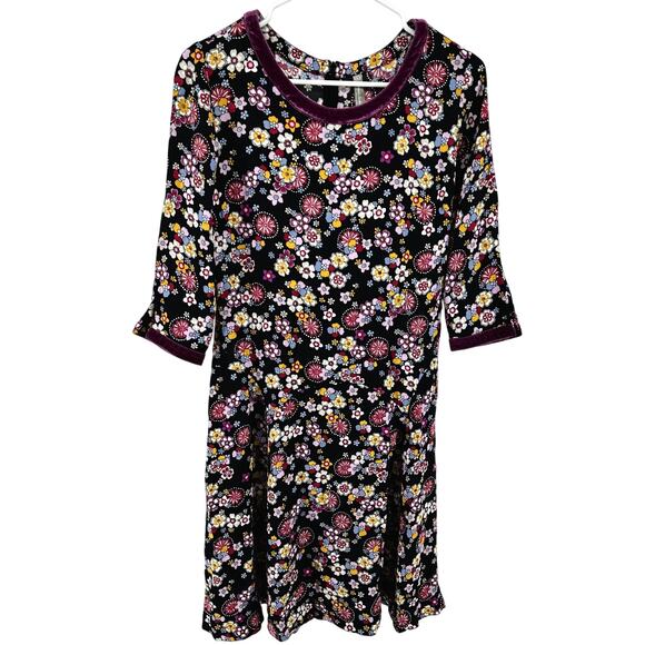 Hanna Andersson Floral Knee Length Dress Velvet Trim Shift Multicolor Small - Picture 1 of 5